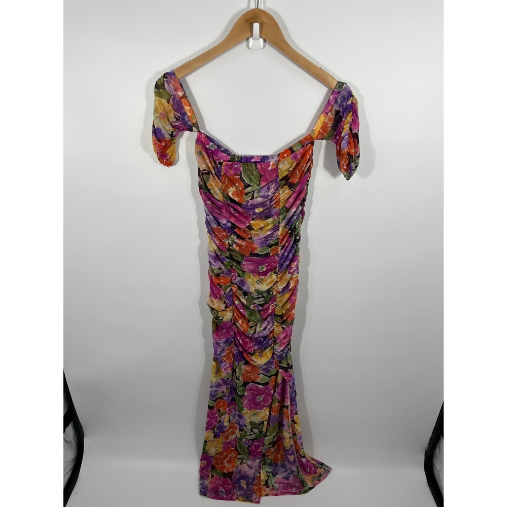 Women Ruched Maxi Dress S Mesh Multicolor Floral Wedding Guest Formal Event Slit